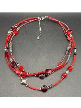 Triple Strand Red Silver Black Beaded Necklace, Goth Boho Vamp Jewelry Acessory